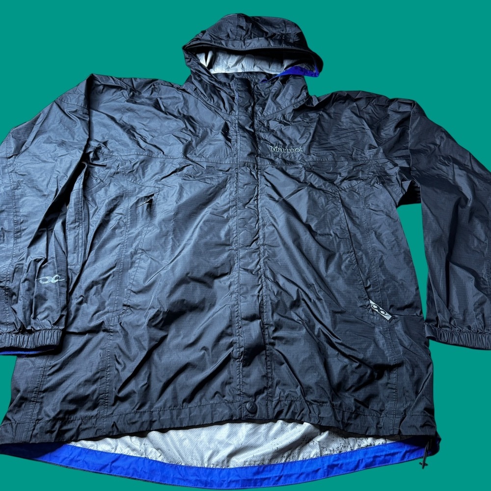 Marmot Nylon Jacket Large Black Lined Windbreaker Hood Distressed Outdoor